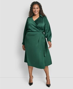 �_�i �L������ �j���[���[�N ���f�B�[�X �g�b�v�X �����s�[�X �~�f�B�����s�[�X �v���X�T�C�Y �~�f�B DKNY Plus Size Long Sleeve Surplice O-Ring Midi Dress Pine