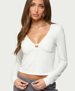 �A�f�B�N�e�b�h ���f�B�[�X �g�b�v�X �V���c V�l�b�N Edikted Women's Lovisa V Neck Long Sleeve Top White �z���C�g