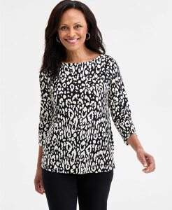 �W�F�C�G���R���N�V���� ���f�B�[�X �g�b�v�X �V���c �v�` JM Collection Petite Boat Neck 3/4-Sleeve Top Deep Black Combo �u���b�N