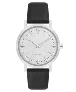 iCEFXg fB[X ANZT[ rv U[ Nine West Women's Quartz Signature Black Leather and Silver-Tone Watch 34mm Black Silver-Tone ubN