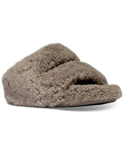 tBbgtbv fB[X V[Y T_ t[X FitFlop Women's Shuv Curly Faux-Shearling Two-Bar Wedge Slide Sandals Taupe