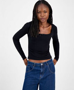 �}�b�f���K�[�� ���f�B�[�X �g�b�v�X �V���c ���u ���� Madden Girl Juniors' Square-Neck Ribbed Long-Sleeve Picot Bow Top Black �u���b�N