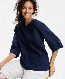 `[^[Nu fB[X gbvX Vc v` l Charter Club Petite 100% Linen Cuffed Top Intrepid Blue u[