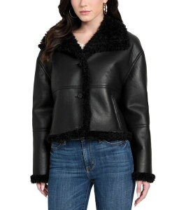 �Q�X ���f�B�[�X �A�E�^�[ �W���P�b�g�E�u���]�� �R�[�g GUESS Women's Stand-Collar Faux-Shearling Coat Black �u���b�N