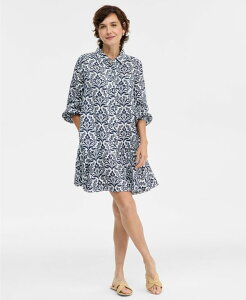 `[^[Nu fB[X gbvX s[X Vcs[X v` ~j Vc Charter Club Petite 3/4-Sleeve Mini Shirt Dress White Multi zCg