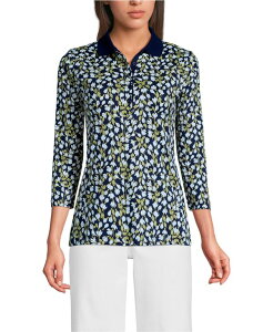�����Y�G���h ���f�B�[�X �g�b�v�X �|���V���c �R�b�g�� Lands' End Women's 3/4 Sleeve Supima Cotton Polo Shirt Navy mini bloom floral �l�C�r�[