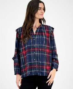 �X�^�C���A���h�R�[ ���f�B�[�X �g�b�v�X �V���c �t���� �u���E�X Style & Co Women's Plaid Shine Ruffle Sleeve Blouse Festive Indigo Blue �C���f�B�S