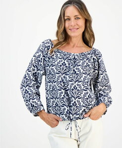 `[^[Nu fB[X gbvX Vc v` vg Charter Club Petite Tile Print 3/4-Sleeve Gathered-Hem Top Til Esc Inu Blu