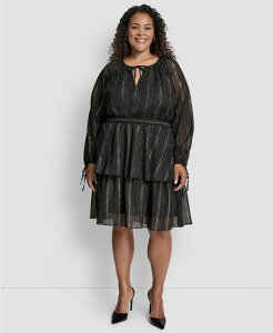 �_�i �L������ �j���[���[�N ���f�B�[�X �g�b�v�X �����s�[�X �v���X�T�C�Y DKNY Plus Size Long Sleeve Jewel Neck Dress Black/Silver �u���b�N
