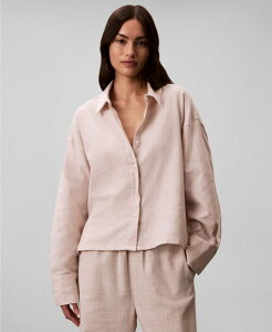 JoNC fB[X gbvX Vc Calvin Klein Women's Plaid Collar Neck Long Sleeve Sleep Shirt-QS7533 Jotted Madras Plaid Oatmeal Heather wU[