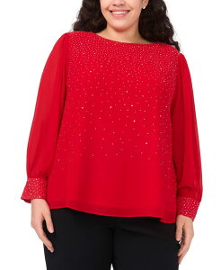 �~�X�N ���f�B�[�X �g�b�v�X �����s�[�X �o���[���X���[�u �v���X�T�C�Y MSK Plus Size Rhinestone Embellished Balloon Sleeve Top Ultra Red ���b�h