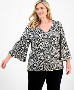 �W�F�C�G���R���N�V���� ���f�B�[�X �g�b�v�X �V���c V�l�b�N �v���X�T�C�Y JM Collection Plus Size Embellished V-Neck 3/4-Sleeve Top Deep Black Combo �u���b�N