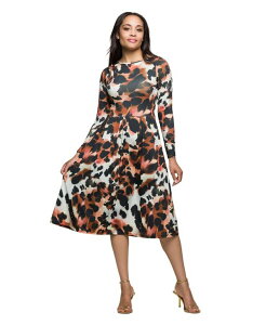 24 �Z�u���R���t�H�[�g ���f�B�[�X �g�b�v�X �����s�[�X �~�f�B�����s�[�X �~�f�B 24seven Comfort Apparel Women's Long Sleeve Midi Dress Brown Multi �u���E��