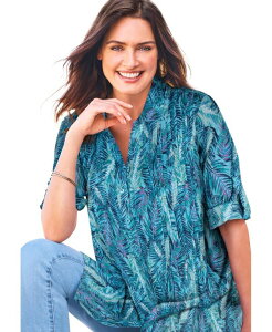 �E�[�}�� �E�B�Y�C�� ���f�B�[�X �g�b�v�X �V���c �{�^���_�E�� �_�E�� Woman Within Women's Within Pintucked Button Down Gauze Shirt Paradise blue watercolor palm �u���[
