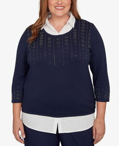 �A���t���b�h �_�i�[ ���f�B�[�X �A�E�^�[ �j�b�g�E�Z�[�^�[ �v���X�T�C�Y �g�[�� �Z�[�^�[ Alfred Dunner Plus Size Saratoga Springs Metallic Studded Textured Two in One Sweater Navy �l�C�r�[