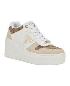 QX fB[X V[Y Xj[J[ [X GUESS Women's Rozinn Lace-Up Wedge Sneakers White/Beige Logo Print zCg