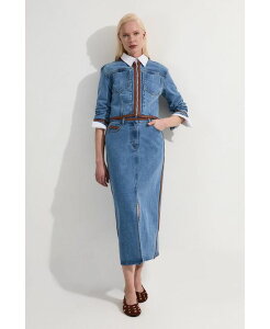 J~ fB[X AE^[ WPbgEu] fj U[ Karen Millen Women's Denim & Leather Collarless Jacket Light blue u[