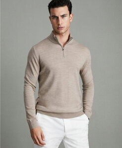 ���C�X �����Y �A�E�^�[ �j�b�g�E�Z�[�^�[ �X�^���h�l�b�N �E�[�� REISS Men's Merino Wool Half-Zip Funnel Neck Sweater Wheat Melange