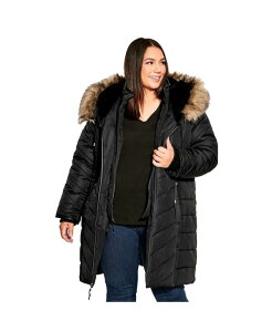 �A�x�j���[ ���f�B�[�X �A�E�^�[ �W���P�b�g�E�u���]�� �R�[�g AVENUE Women's Chevron Long Puffer Coat with Faux Fur Hood Black �u���b�N
