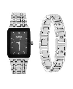 �W���[���Y�j���[���[�N �����Y �A�N�Z�T���[ �r���v Jones New York Men's Analog Shiny Silver-Tone Metal Watch 31mm Bracelet Gift Set Black Silver �u���b�N