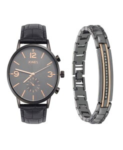 �W���[���Y�j���[���[�N �����Y �A�N�Z�T���[ �r���v ���U�[ Jones New York Men's Analog Black Croc Leather Strap Watch 42mm Bracelet Gift Set Black �u���b�N
