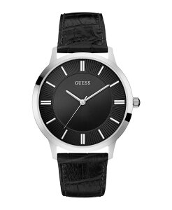 �Q�X �����Y �A�N�Z�T���[ �r���v ���U�[ GUESS Men's Analog Black Leather Watch 44mm Black �u���b�N