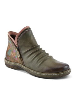 yz eBXe fB[X u[cECu[c V[Y Women's Chesapeake Hand-Painted Leather Booties with Ruched Front Inside Zipper Floral Details Comfortable Boho-Inspired Ankle Boots Olive green