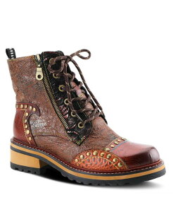 �����e�B�X�e ���f�B�[�X �V���[�Y �u�[�c�E���C���u�[�c ���[�X ���U�[ L'Artiste Women's Rugup Hand-Painted Leather Booties with Mixed Textures Decorative Studs Lace-Up and Zipper Closure Faux Fur Lining and Lug Sole Brown multi
