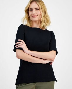 �X�^�C���A���h�R�[ ���f�B�[�X �g�b�v�X �V���c �R�b�g�� Style & Co Women's Boat-Neck Elbow Sleeve Cotton TopXS-4X Deep Black �u���b�N