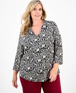 �W�F�C�G���R���N�V���� ���f�B�[�X �g�b�v�X �V���c V�l�b�N �j�b�g JM Collection Women'solid 3/4 Sleeve V-Necknitop/P-4X Deep Black Combo �u���b�N