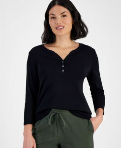 �X�^�C���A���h�R�[ ���f�B�[�X �g�b�v�X �V���c �R�b�g�� Style & Co Women's Cotton 3/4-Sleeve Henley Tee PXS-4X Deep Black �u���b�N