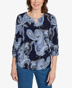 �A���t���b�h �_�i�[ ���f�B�[�X �g�b�v�X �V���c �v�����g Alfredunner Women's Classic Puff Print Paisley Gold Foil Top Navy �l�C�r�[