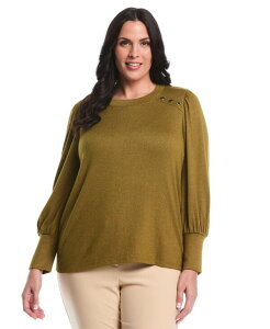 ���t�@�G�� ���f�B�[�X �g�b�v�X �V���c �N���[�l�b�N �v���X�T�C�Y �g�[�� Rafaella Plusize Metallic Puff Long Sleeve Crew Neck Top Fir Green �O���[��