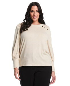 ���t�@�G�� ���f�B�[�X �g�b�v�X �V���c �N���[�l�b�N �v���X�T�C�Y �g�[�� Rafaella Plusize Metallic Puff Long Sleeve Crew Neck Top Wheather �w�U�[