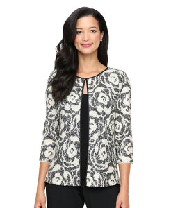 �A���b�N�X�C�u�j���O�X ���f�B�[�X �g�b�v�X �V���c �v�` �W���P�b�g Alex Evenings Petite 2-Piece 3/4-Sleeve Patterned Top and Jacket Black Ivory �A�C�{���[