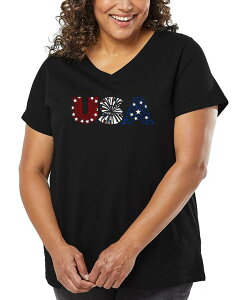 �G���G�[�|�b�v�A�[�g ���f�B�[�X �g�b�v�X T�V���c V�l�b�N �v���X�T�C�Y LA Pop Art Plusize USA Fireworks Word Art V-Neck T-Shirt Black �u���b�N
