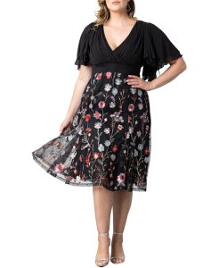 �L���i ���f�B�[�X �g�b�v�X �����s�[�X �v���X�T�C�Y ���b�V�� �~�f�B �h�J Kiyonna Plusize Lillian Embroidered Mesh Midi Cocktail Dress Bordeaux blooms