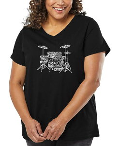 �G���G�[�|�b�v�A�[�g ���f�B�[�X �g�b�v�X T�V���c V�l�b�N �v���X�T�C�Y LA Pop Art Plusize Drums Word Art V-Neck T-Shirt Black �u���b�N