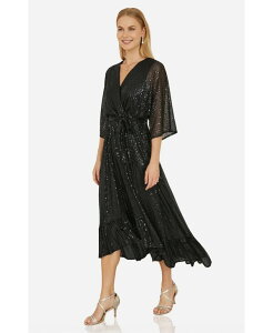 ���~�L�� ���f�B�[�X �g�b�v�X �����s�[�X �~�f�B �X�p���R�[�� Yumi Women'sequin Kimono Midi Wrap Dress Black �u���b�N