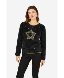 ���~�L�� ���f�B�[�X �A�E�^�[ �j�b�g�E�Z�[�^�[ Yumi Women's Fluffy Star Holiday Sweater Black �u���b�N