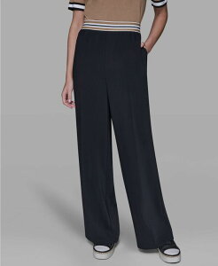 �J�[�� ���K�[�t�F���h ���f�B�[�X �{�g���X �J�W���A���p���c ���C�h���b�O KARLAGERFELD PARIS Women'striped Wide Leg Pull-On Pants Black �u���b�N