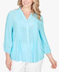 ���r�[�A�[���f�B�[ ���f�B�[�X �g�b�v�X �V���c �v���X�T�C�Y �v���[�c �V���N Ruby Rd. Plusize Solid Silky Slub Pleated Button Frontop Aruba Blue �u���[