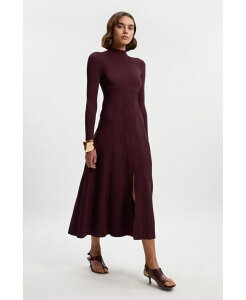 �J�����~���� ���f�B�[�X �g�b�v�X �����s�[�X A ���C�� �j�b�g ���� Karen Millen Women's Wave Knit A-Line Long-Sleeve Dress Burgundy �o�[�K���f�B