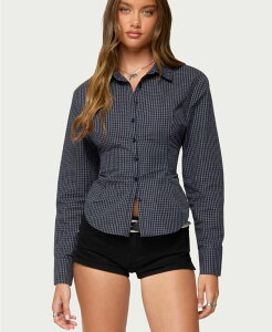 �A�f�B�N�e�b�h ���f�B�[�X �g�b�v�X �V���c Edikted Women's Lisbet Checkered Button Up Shirt Navy �l�C�r�[