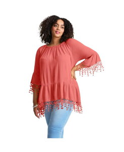 �A�x�j���[ ���f�B�[�X �g�b�v�X �V���c �t�����W AVENUE Women's Crochet Fringe Trim Tunic Sweet coral �R�[����