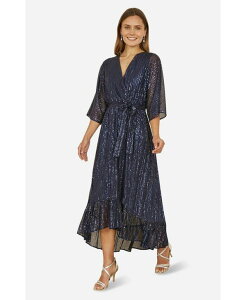 ���~�L�� ���f�B�[�X �g�b�v�X �����s�[�X �~�f�B �X�p���R�[�� Yumi Women'sequin Kimono Midi Wrap Dress Navy �l�C�r�[