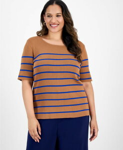 �^�n���G�[�G�X�G�� ���f�B�[�X �g�b�v�X �V���c �v���X�T�C�Y ���� Tahari ASL Plusize Striped Short-Sleeve Top Camel New Royal �L������