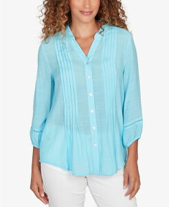 ���r�[�A�[���f�B�[ ���f�B�[�X �g�b�v�X �V���c �v�` �v���[�c �V���N Ruby Rd. Petite Solid Silky Slub Pleated Button Frontop Aruba Blue �u���[