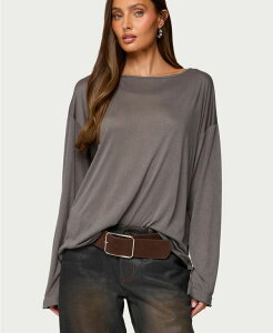 �A�f�B�N�e�b�h ���f�B�[�X �g�b�v�X �V���c �Z�~�V�A�[ Edikted Women's Oversized Semi Sheer Long Sleeve T Shirt Gray �O���[