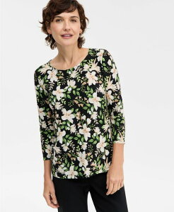 �W�F�C�G���R���N�V���� ���f�B�[�X �g�b�v�X �V���c �v�` JM Collection Petite Bethany Bouquet 3/4-Sleeve Top Deep Black Combo �u���b�N